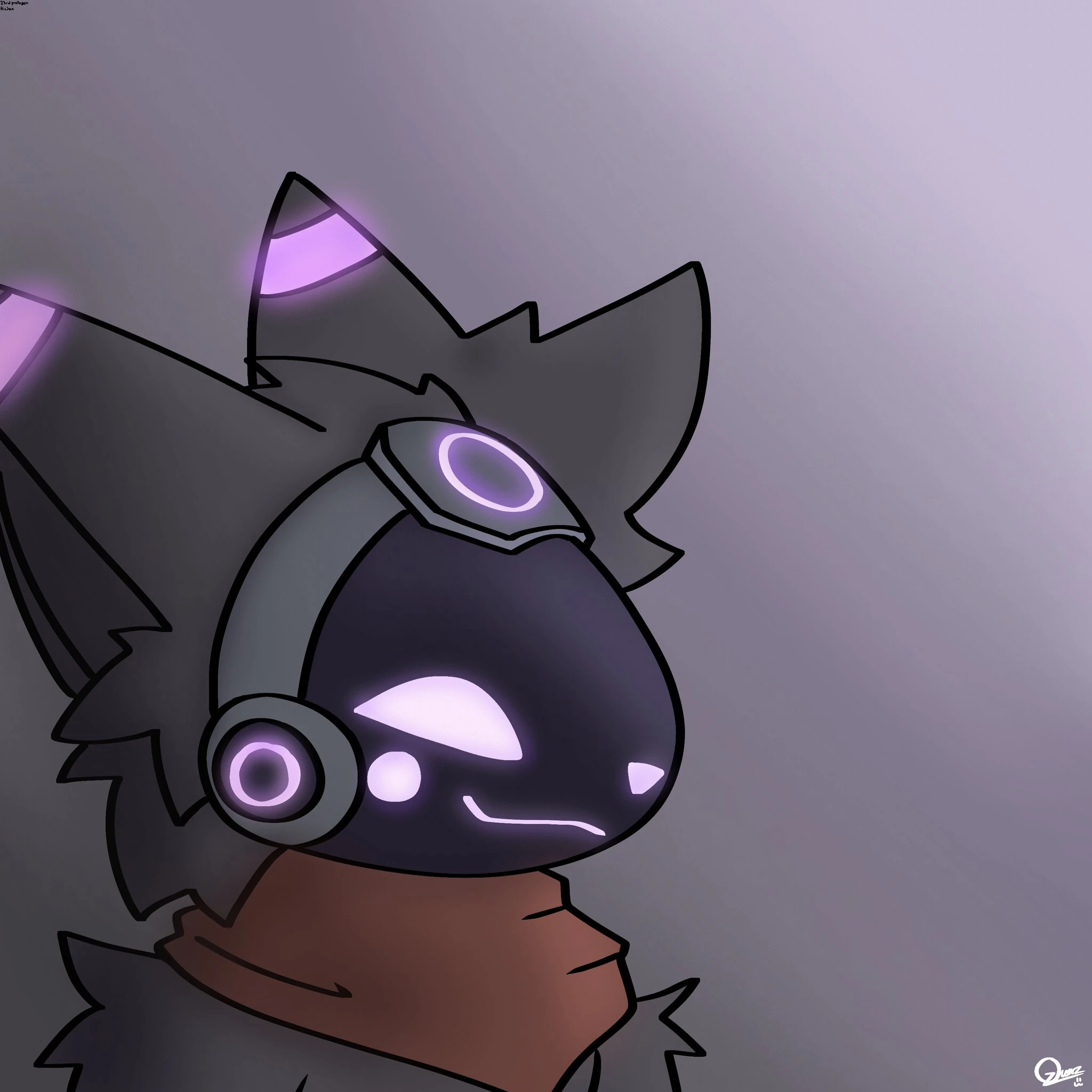 a bust of a protogen who is dark grey with purple accents with a grey background