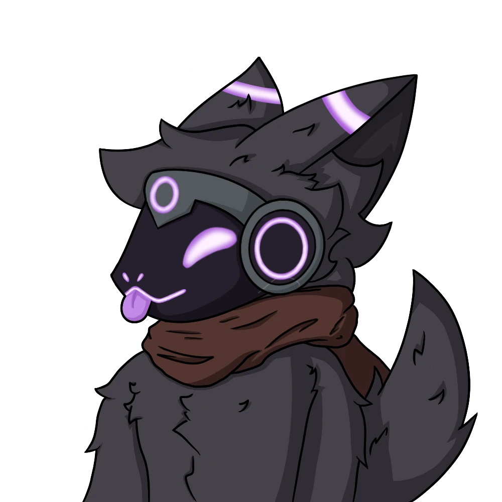 a bust of a playful protogen who is dark grey with purple accents sticking their tongue out. the background is transparent.