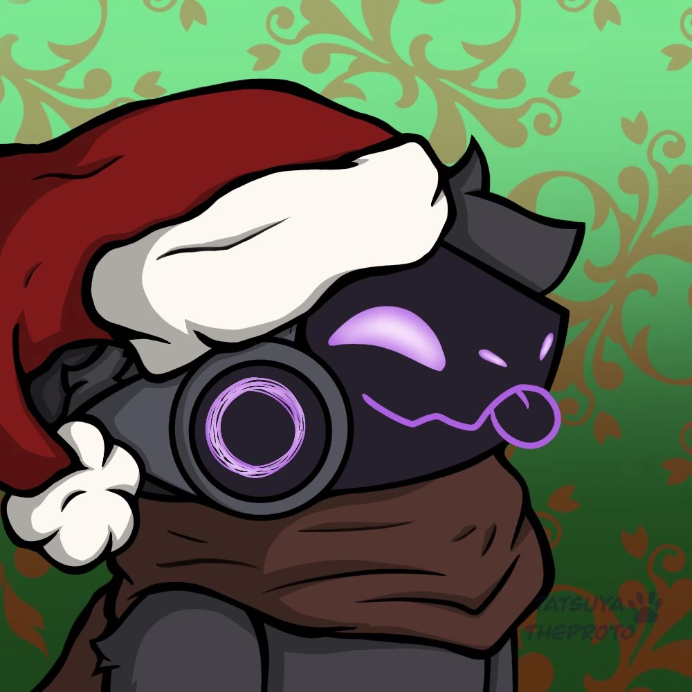 a bust of a playful protogen who is dark grey with purple accents sticking their tongue out while wearing a santa hat. the background is a green gradient with festive gold flair.
