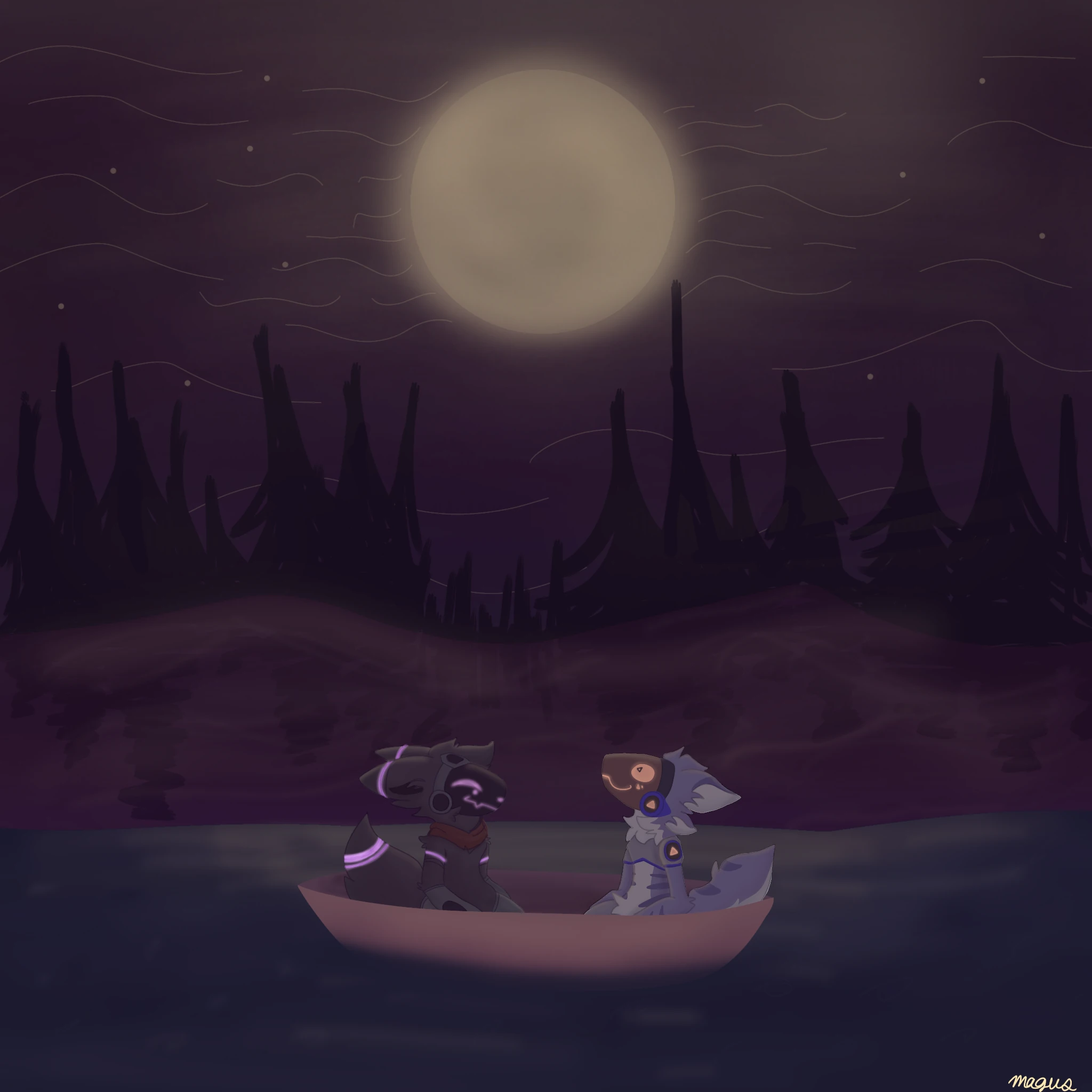 two protogens in a row boat under a moonlit sky