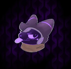 a headshot of a protogen who is dark grey with purple accents sticking their tongue out with a dark purple background