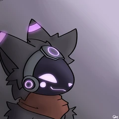 a bust of a protogen who is dark grey with purple accents with a grey background