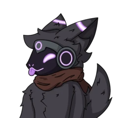 a bust of a playful protogen who is dark grey with purple accents sticking their tongue out. the background is transparent.