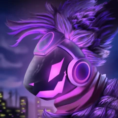 a headshot of a happy protogen who is dark grey with purple accents with a city in the background