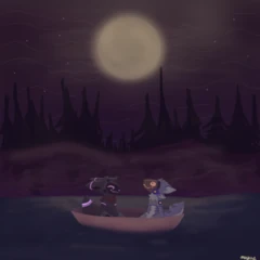 two protogens in a row boat under a moonlit sky